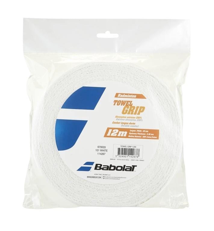 The Babolat Badminton Towel Grip 12m Roll in white provides superb moisture absorption and features blue and orange branding. This convenient 12-meter roll ensures a secure grip for players, with all product details printed on the packaging for easy reference.