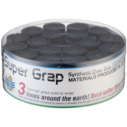 Introducing the Yonex AC102-36EX Super Graps Badminton Overgrip - 36 Pack in black, a round container featuring the renowned Super Grap synthetic overgrip for badminton rackets. Celebrated for its outstanding sweat absorption, it is labeled as a best-seller with enough grips sold to wrap around the Earth three times.