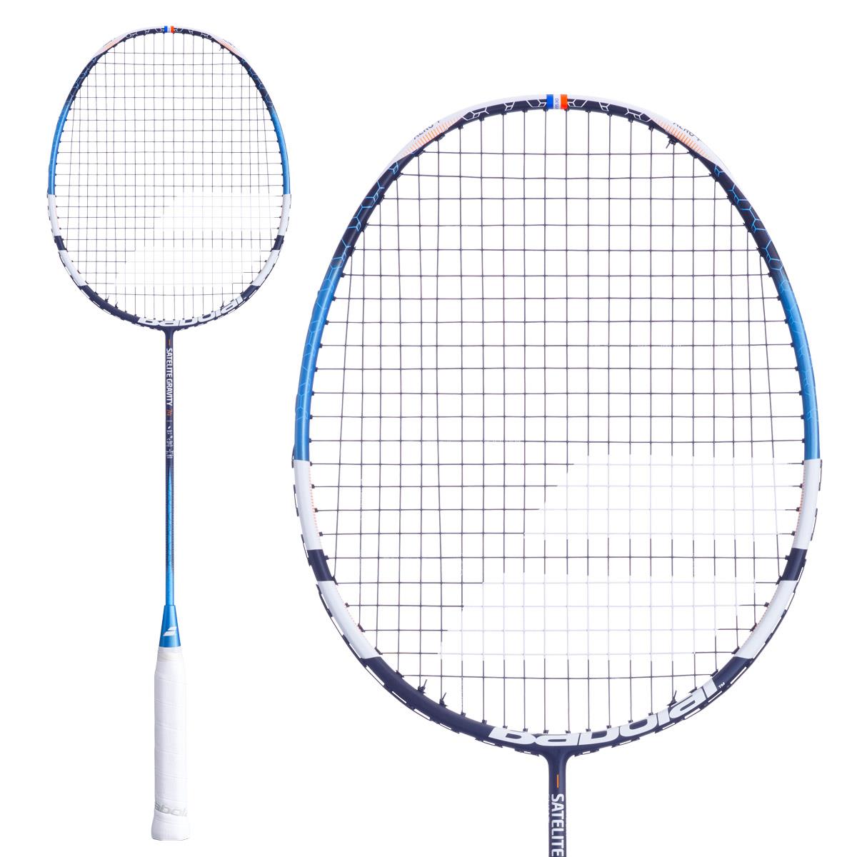 The main image displays the Babolat Satelite Gravity 74 Badminton Racket in blue and white, highlighting its large, oval-shaped head with a visible string pattern. Designed for defensive players, this ultra-lightweight racket features a white grip. A smaller image on the left provides a full view of the racket.