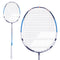 The main image displays the Babolat Satelite Gravity 74 Badminton Racket in blue and white, highlighting its large, oval-shaped head with a visible string pattern. Designed for defensive players, this ultra-lightweight racket features a white grip. A smaller image on the left provides a full view of the racket.