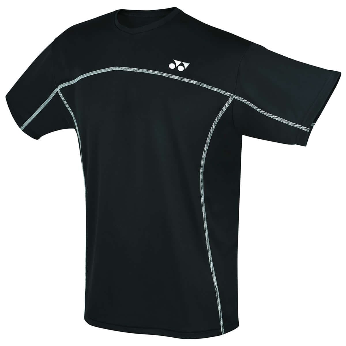 The Yonex YTM1 YTJ1 Black Team Men's/Junior Badminton T-Shirt by Yonex is designed with quick-drying fabric, highlighted by white stitching details and a small white logo on the chest, making it an ideal choice for badminton enthusiasts.