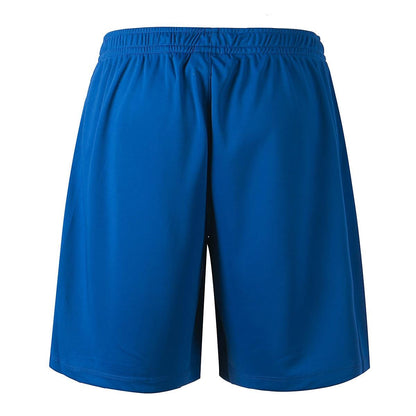 The FZ Forza Landos Men's Badminton Shorts in blue, equipped with Dryforze technology and an elastic waistband, are perfect for badminton clothing and are displayed against a white background.