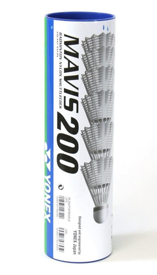 The Yonex Mavis 200 Badminton Nylon Shuttles, available in a set of six white shuttlecocks, are designed for durability with a blue cap. They feature graphics of the shuttlecocks along with product information, guaranteeing stable flight for every game.