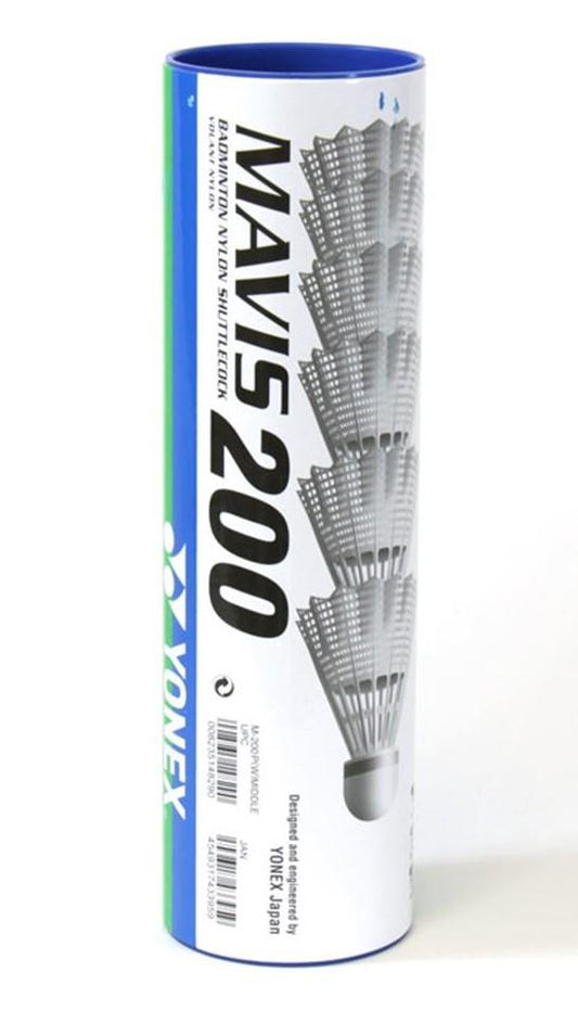 The Yonex Mavis 200 Badminton Nylon Shuttles, available in a set of six white shuttlecocks, are designed for durability with a blue cap. They feature graphics of the shuttlecocks along with product information, guaranteeing stable flight for every game.