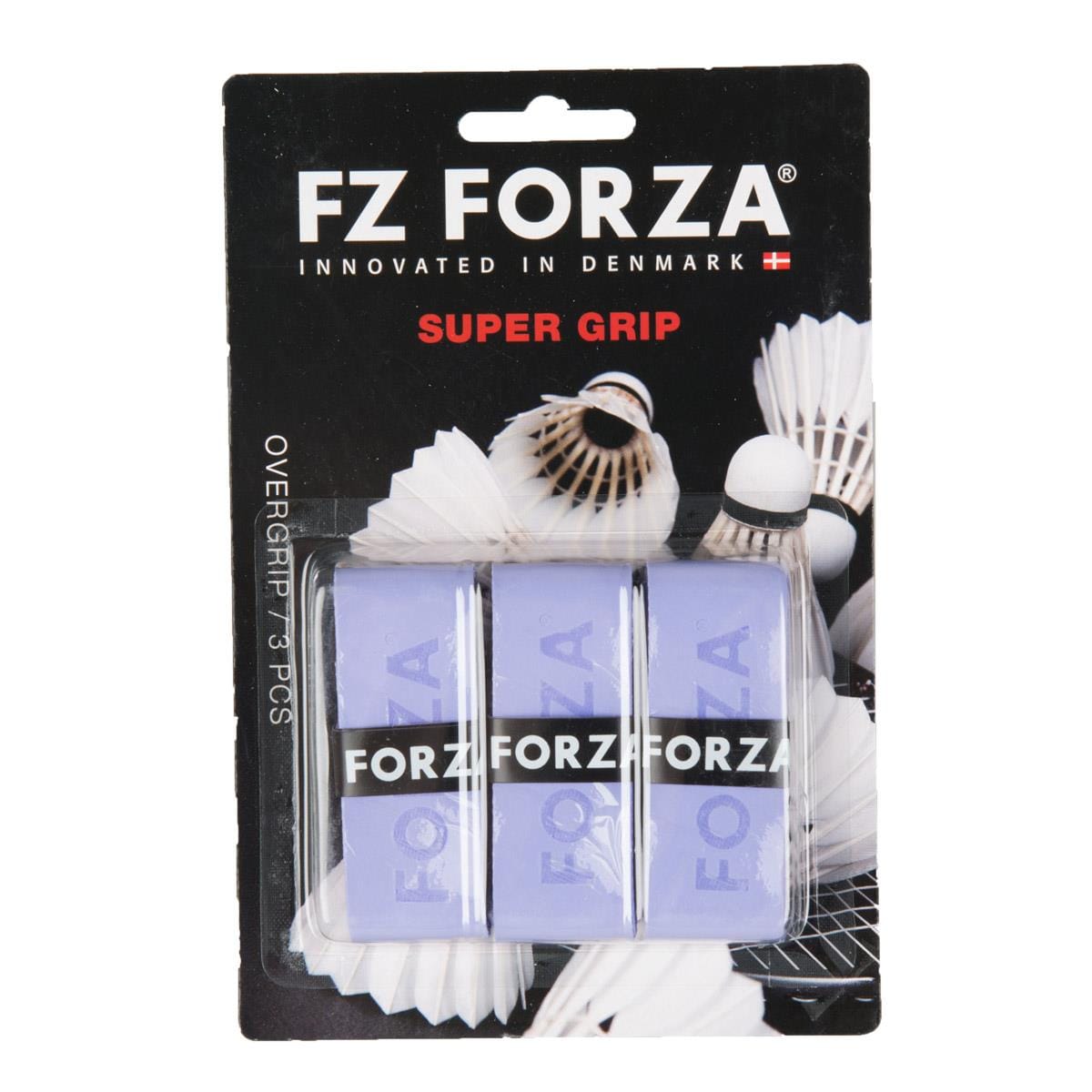 The FZ Forza Super Grip Badminton Grip - 3 Pack comes in purple and features the brand name prominently in white, improving your racket's feel. The package is elegantly designed with a background featuring multiple shuttlecocks.