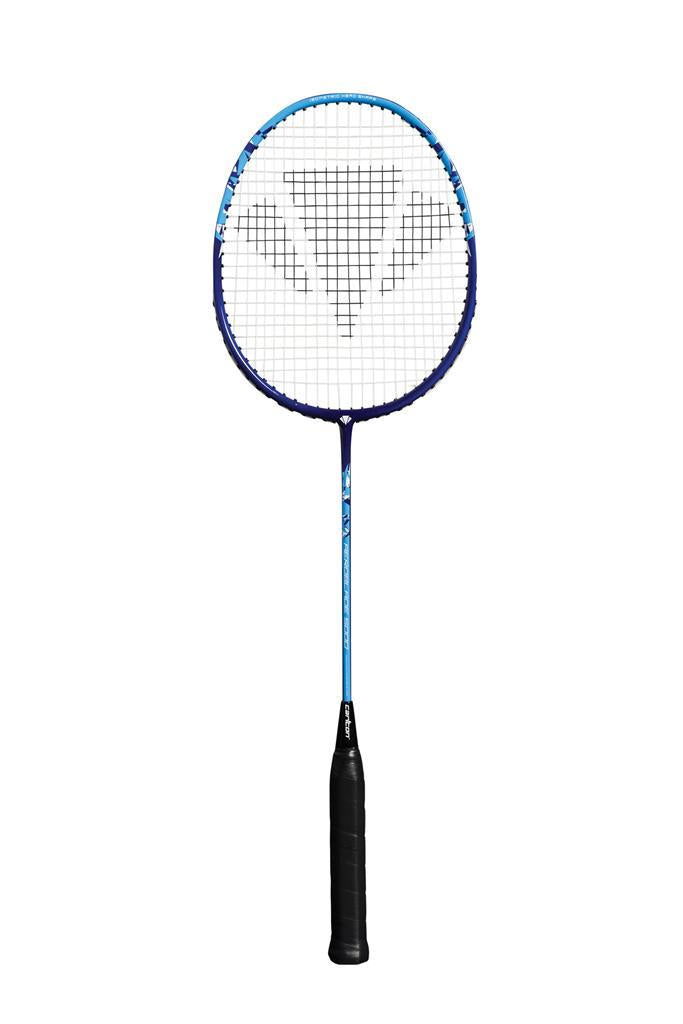 The Carlton Aeroblade 5000 Badminton Racket - Blue from Carlton features a blue and black frame showcasing an intricate pattern on its Titanium Composite strings, creating a triangular design within the circular head. It is finished with a sleek black grip, enhancing its stylish appearance.