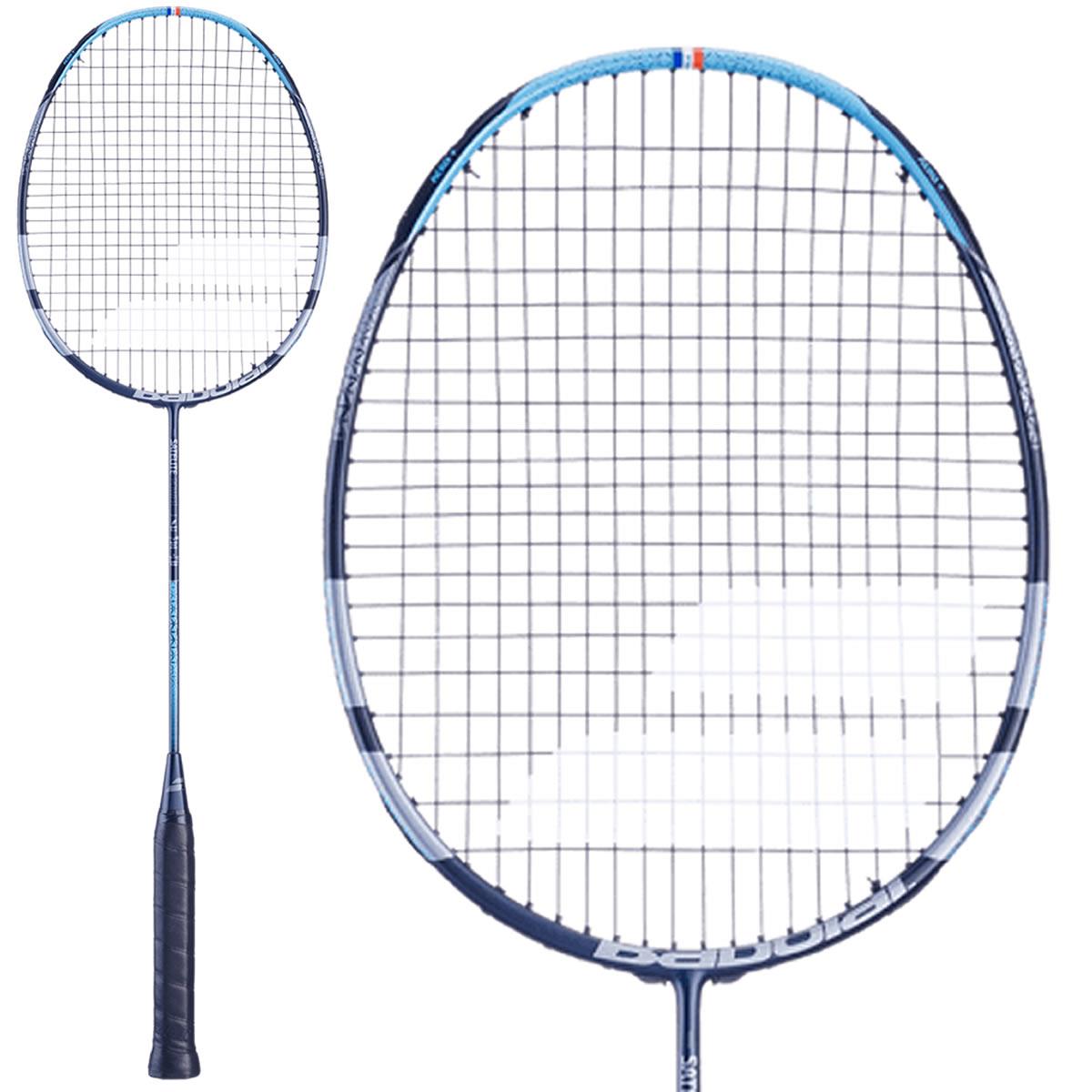 The Babolat Satelite Power Badminton Racket - Blue is shown in two perspectives: a full-length view on the left and a close-up of the racket head on the right. Featuring a blue frame with black accents and a black grip handle, this racket from Babolat provides exceptional maneuverability and control power, enhancing your game speed.