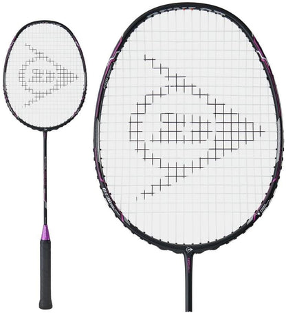 Featuring black frames and white strings with a geometric logo, two Dunlop Nanoblade Savage Pro Lite Badminton Rackets combine flexible graphite construction with stylish black handles accented in purple, delivering exceptional style and performance for discerning players.