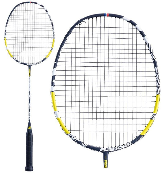 The Babolat Prime Lite LTD Badminton Racket in white and black displays a bold design, accentuated by its 20x21 stringing pattern that enhances control. The handle is elegantly wrapped in black grip tape, and it incorporates Shot Optimizer technology. The Babolat brand name is prominently featured on both the shaft and the head of the racket.