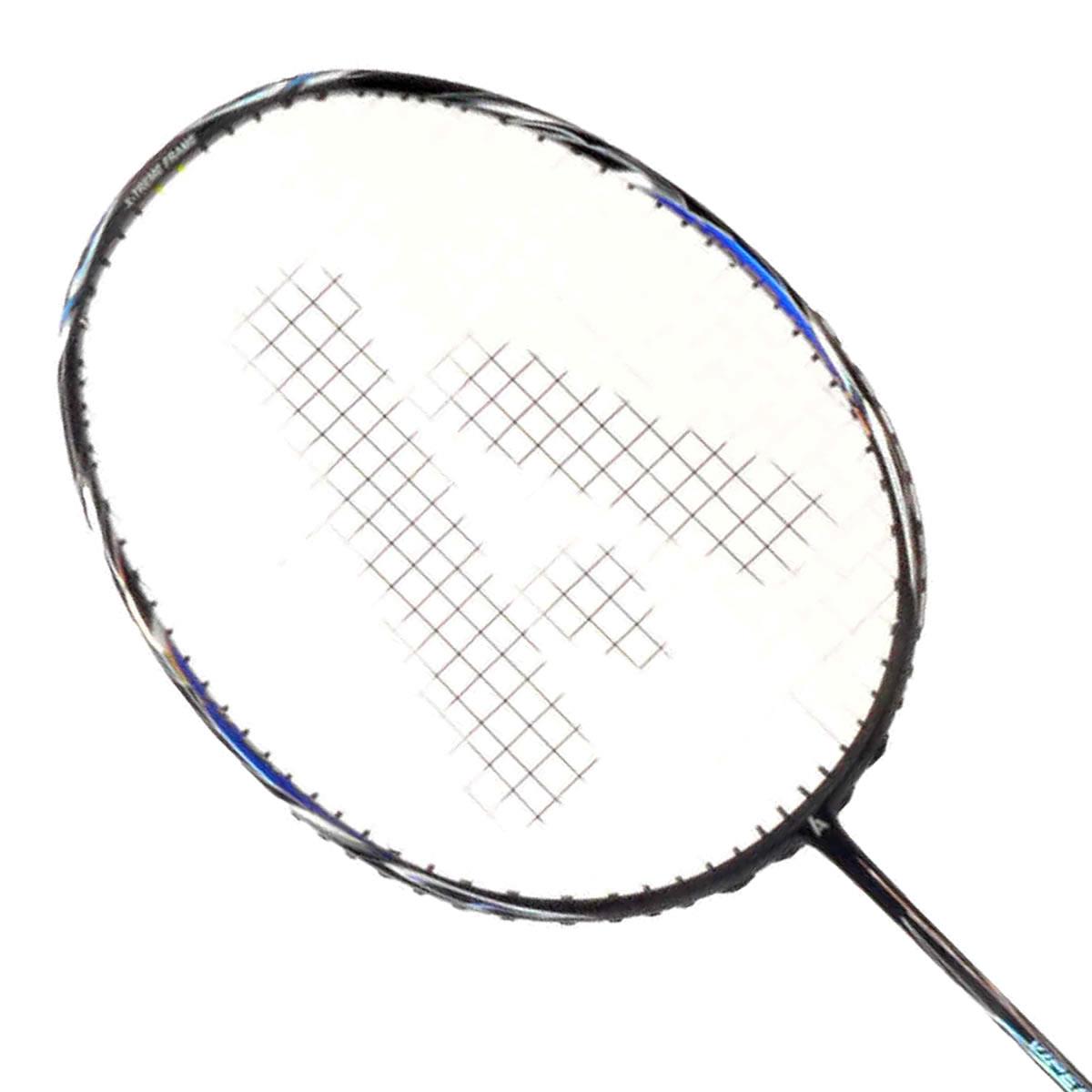 Presented against a white background is the Ashaway Viper XT-5000 Badminton Racket - Black. It showcases a sleek black frame made from ultra hi-modulus graphite, with the strings intricately arranged in a grid pattern to offer enhanced durability and performance.