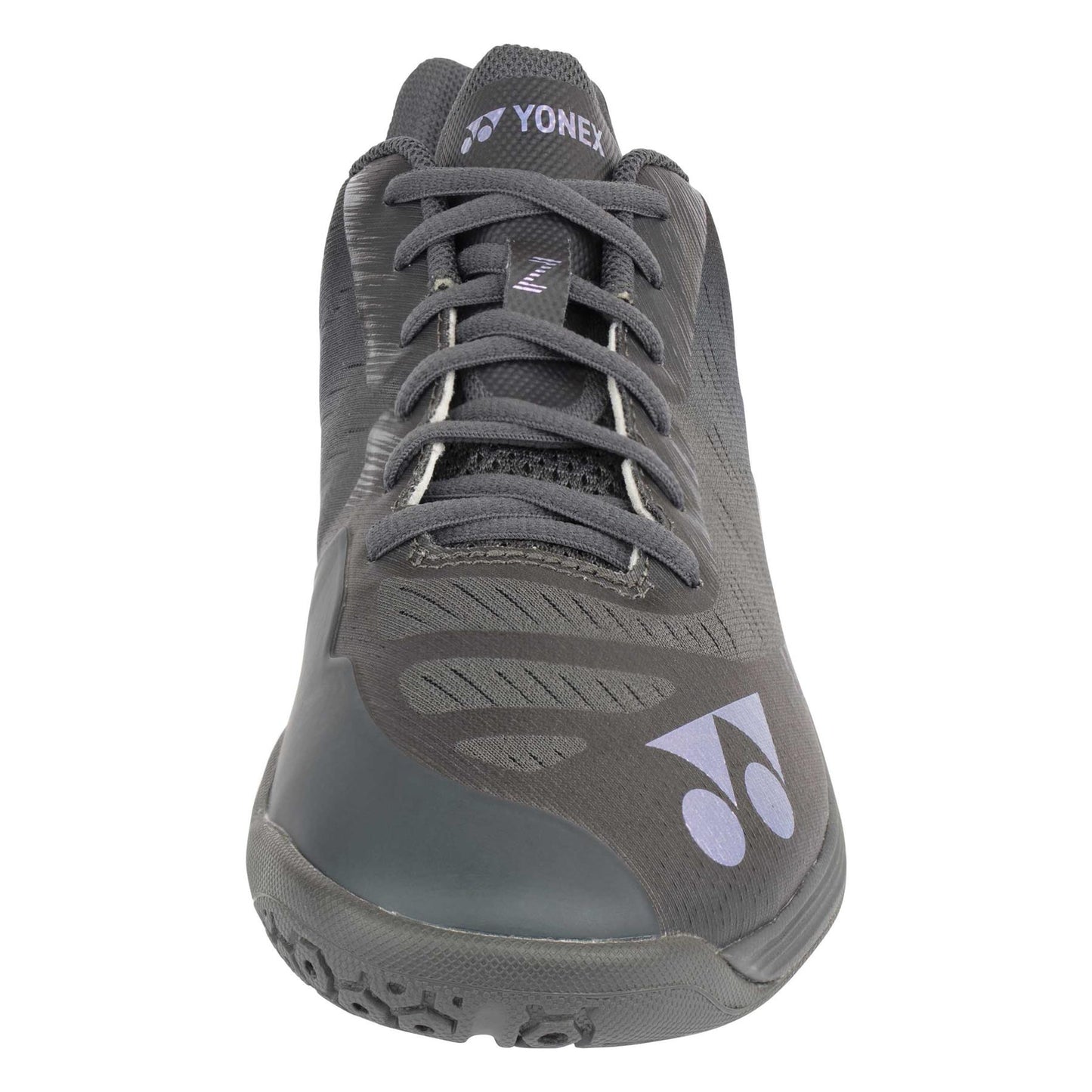 Front view of a dark grey Yonex Power Cushion Aerus Z Men's Badminton Shoe, featuring black laces. It showcases a textured design with the Yonex logo on the upper near the toe. The visible sole highlights its sleek, streamlined Aerus Z-inspired appearance.