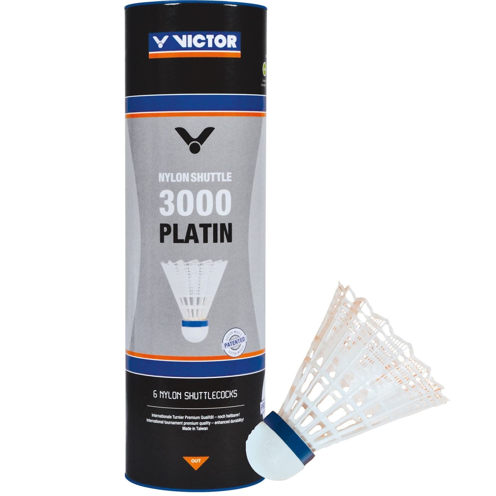 A cylindrical tube marked with "VICTOR 3000 Nylon White Badminton Shuttlecocks" is positioned next to a premium quality white and blue shuttlecock, specifically designed for badminton. This set by Victor epitomizes excellence, incorporating a hint of Portuguese cork design in each shuttlecock.