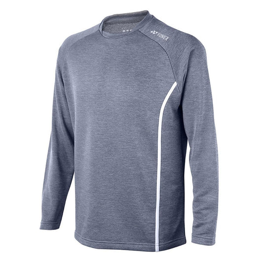 The Yonex YSS1000 Grey Junior Badminton Sweatshirt is a long-sleeve athletic mid-layer featuring a crew neck and a distinctive white accent line from shoulder to hem. Its lightweight, breathable fabric makes it perfect for both sports and casual wear, offering juniors the ideal combination of comfort and style.