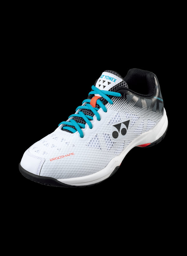 Explore the Yonex Power Cushion 50 Badminton Shoes in a white and mint color scheme. These athletic shoes feature black and mint accents with a mesh texture designed for lightweight performance. Equipped with mint laces and a sleek logo set on a black background, they offer both style and functionality.