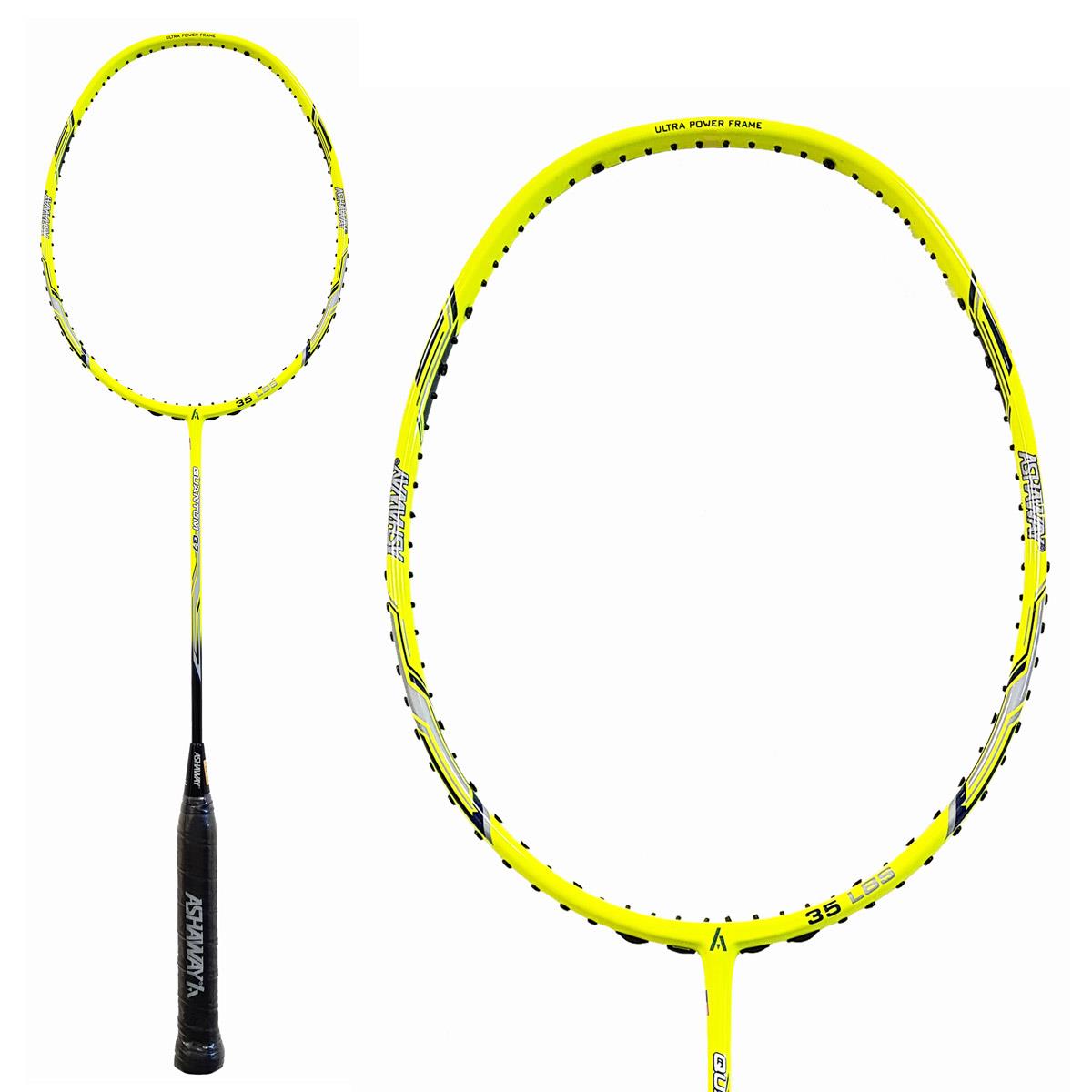 The Ashaway Quantum Q7 Badminton Racket in Yellow showcases a black handle and an Ultra Power Carbon Graphite Frame embellished with the Ashaway logos. A close-up examination reveals its intricate string pattern and detailed design on the racket head, emphasizing its power frame and specifications.