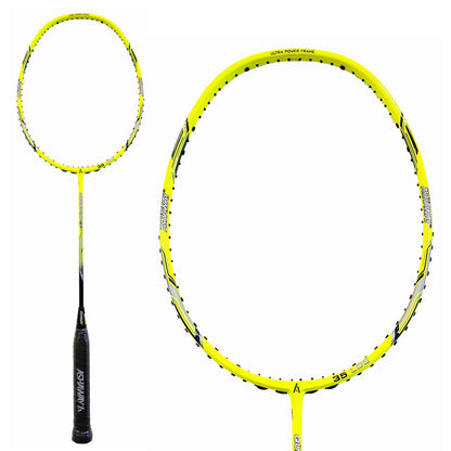 The Ashaway Quantum Q7 Badminton Racket in Yellow showcases a black handle and an Ultra Power Carbon Graphite Frame embellished with the Ashaway logos. A close-up examination reveals its intricate string pattern and detailed design on the racket head, emphasizing its power frame and specifications.