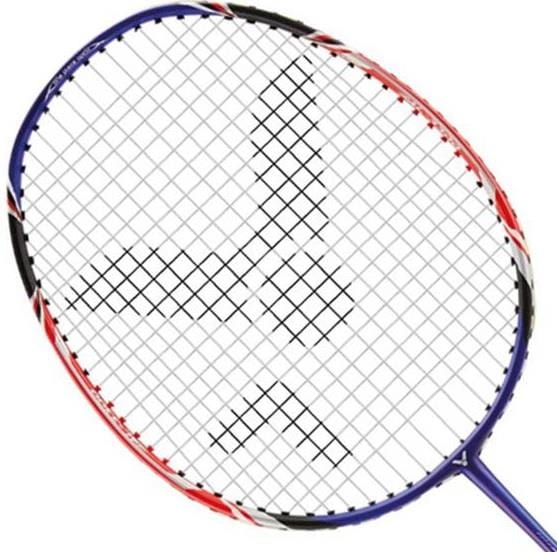 A close-up of the Victor AL-3300 badminton racket reveals an aerodynamic frame featuring a striking blue and black design. The tightly woven strings feature a crisscross pattern, while the frame boasts a bold graphic pattern.