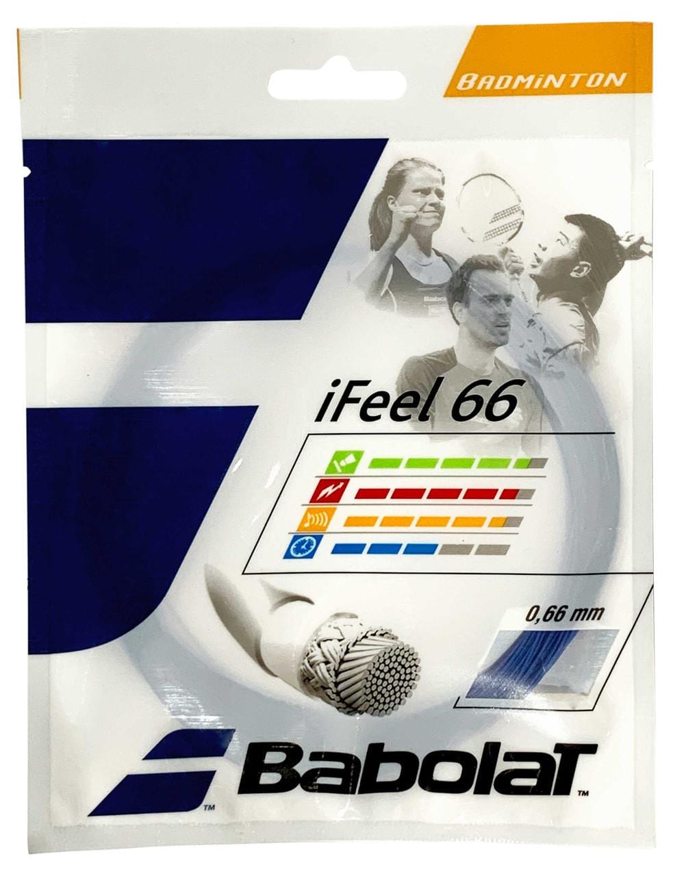 The image features the packaging for the Babolat iFeel 66 Badminton 10m String Set in blue, highlighting its sleek and modern design. With a focus on enhanced power, the packaging prominently displays the string's 0.66 mm thickness and performance characteristics using various icons. In the background, action shots of people playing badminton convey a sense of dynamic energy.