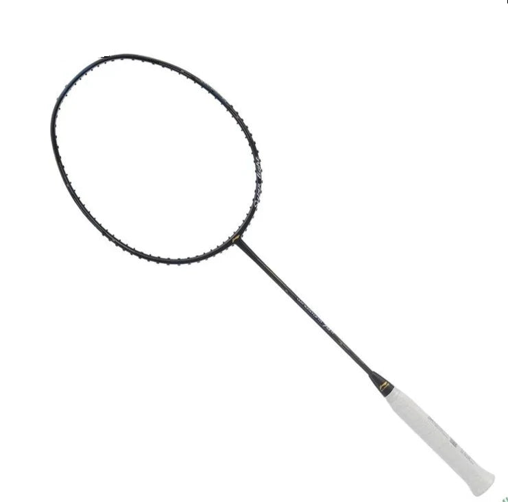 The Li-Ning Windstorm 79H Badminton Racket - Black, from Li-Ning, showcases an ultralight design with a stylish black frame and a white handle, all set against a simple white background.