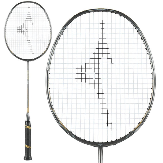 Close-up of the Mizuno XYST 03 Badminton Racket, showcasing its black frame and intricately designed string pattern. The handle is fitted with a black grip accented by subtle gold details. The full racket is displayed prominently on the left side.