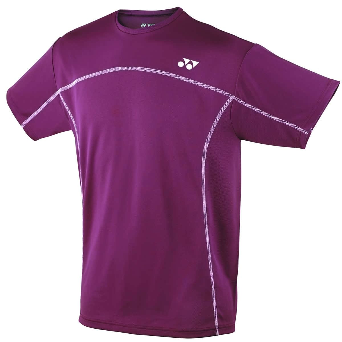 The Yonex YTM1 YTJ1 Burgundy Team Men's/Junior Badminton T-Shirt showcases light gray seams with a small white logo on the upper left side. Against a white background, this quick-drying, sweat-absorbent shirt is engineered for peak performance on the court.