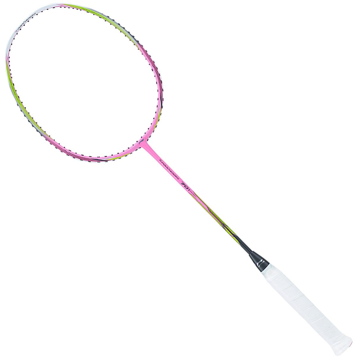 The Li-Ning Turbo Charging 70 Instinct Badminton Racket - Pink, featuring a pink to green gradient frame and a white grip handle against a white background, embodies the dynamic spirit of the Instinct series.