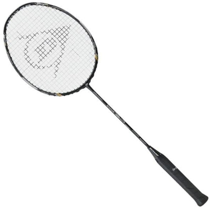 The Dunlop Nanoblade Savage Woven Special Lite Badminton Racket by Dunlop showcases a black design with a logo on its stringed area, featuring an isometric head for precision. Its handle is wrapped in dark grip material, and the sleek Power-Ridge frame ensures a lightweight build perfect for badminton play.