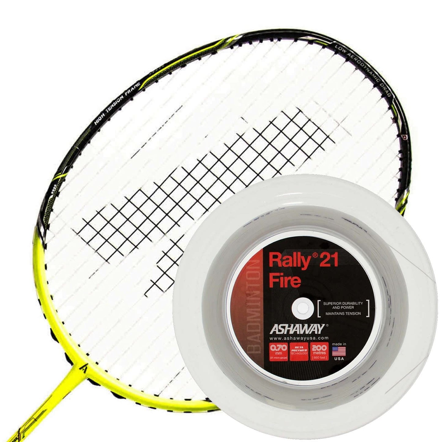 A yellow badminton racket is displayed next to a spool of Ashaway Rally 21 Fire Badminton String in white, which features a black and red label. This string is ideal for the all-round player due to its durable BETA polymer construction, enhancing gameplay performance.