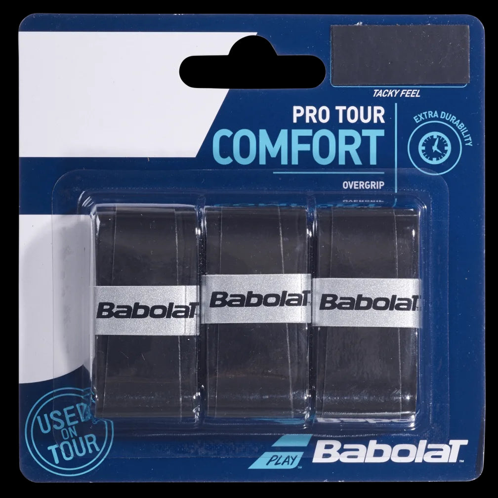 The packaging of the Babolat Pro Tour X3 Comfort Badminton Overgrip - Black contains three black overgrips with a sticky, tacky texture for enhanced durability. It prominently features the Babolat logo and the tagline "Use on Tour.