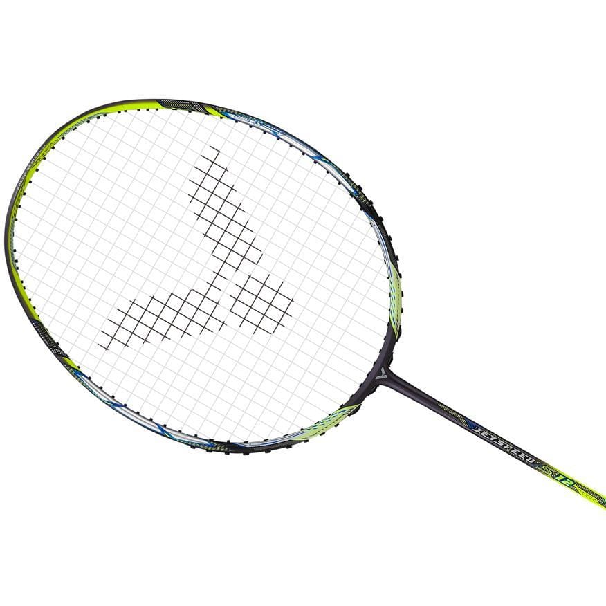 Close-up of a Victor Jetspeed S 12TD badminton racket, featuring Aero-Sword technology. The black and yellow frame is strung in a grid pattern with a central logo, and the handle is visible at the bottom against a plain white background.