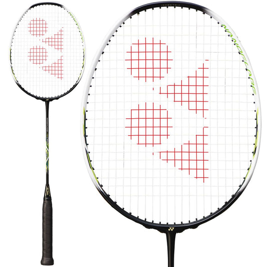 Close-up image of the Yonex Nanoflare 170 Light badminton racket in lime black, showcasing a black handle and a head strung with white strings featuring a red geometric logo, ideal for beginner players.