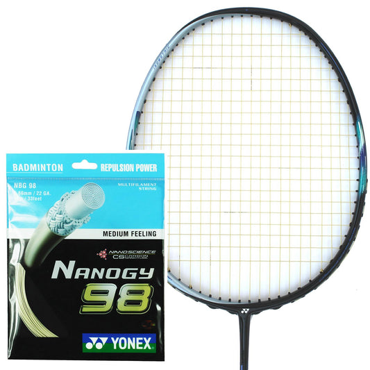 An image of a Yonex badminton racket with a carbon nanotube frame is shown alongside the Yonex Nanogy 98 Badminton String Gold - 0.66mm 10m Packet. The racket has an oval frame with a grid of strings. The string packaging highlights "Repulsion Power" and "Sharp Feeling," aimed at enhancing durability and providing a medium sensation during play.