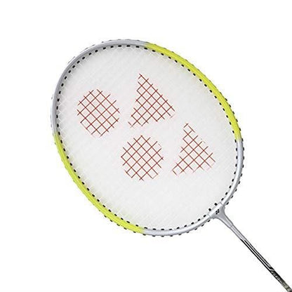 Close-up of the Yonex GR202 - 20 Badminton Racket, featuring a white and yellow frame from this premium Yonex set. The strings display a distinctive red geometric pattern with triangles and a circle, perfectly matching the included nylon shuttles.