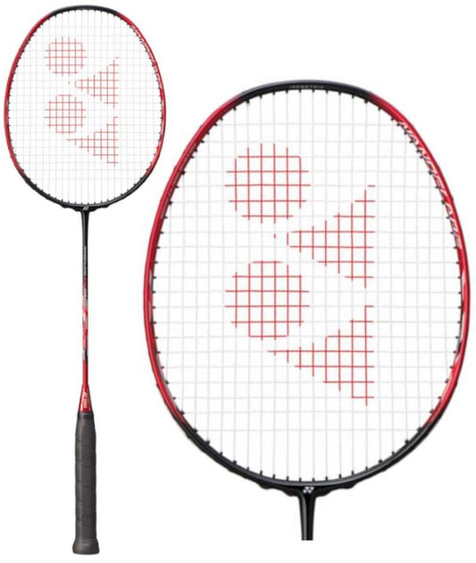 The Yonex Nanoflare 270 Speed Badminton Racket - Red by Yonex features a stylish black handle highlighted with red accents, designed to enhance both speed and power. The strings create a white grid complemented by red graphic designs. This racket is presented in two perspectives: one full view and a close-up of the head.