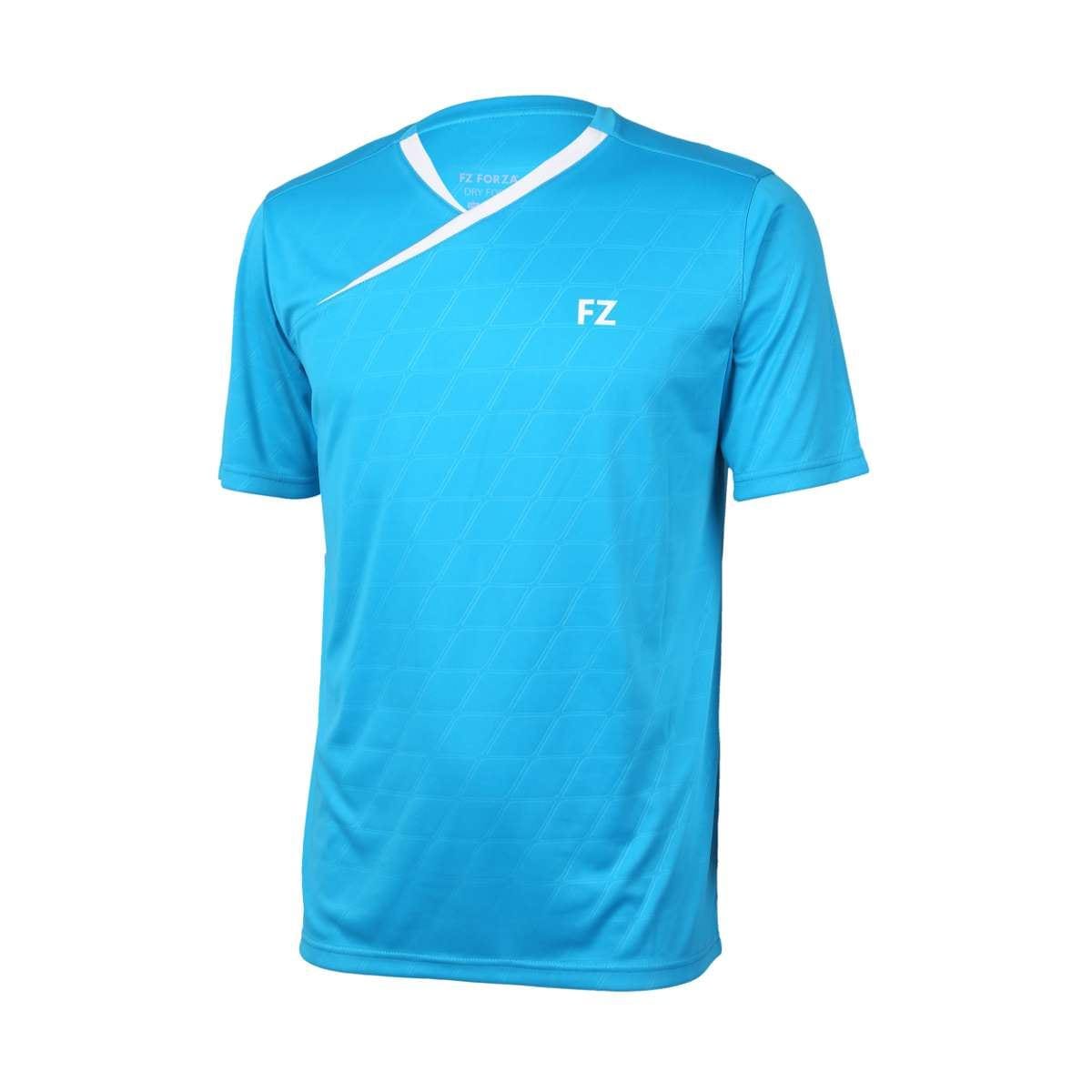 The FZ Forza Byron Blue Badminton T-Shirt from FZ Forza showcases a smart neckline with a diagonal white stripe near the collar and has "FZ" printed on the left chest. This athletic shirt is crafted from lightweight material featuring a subtle geometric pattern.