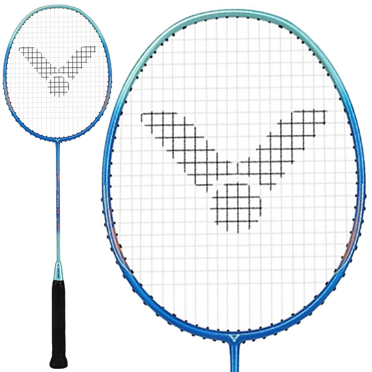 The Victor DriveX 09 M Badminton Racket by Victor is a blue racket with a black grip. The strings are intricately arranged to create a pattern similar to a logo. A close-up view of the racket's head showcases its medium flex and detailed string design.