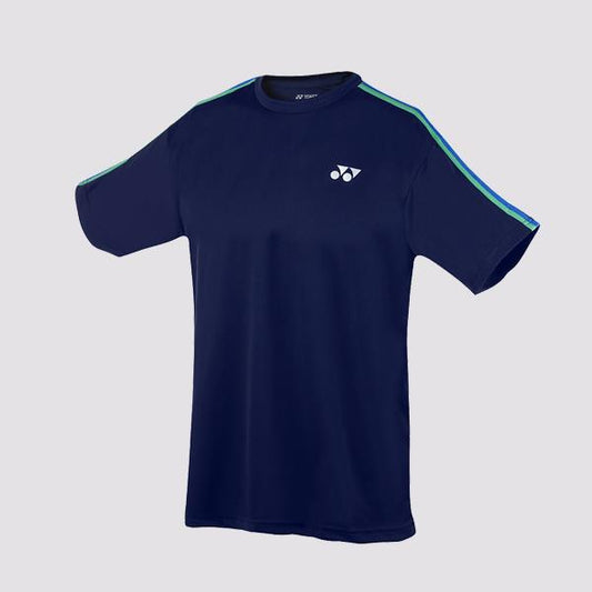 Introducing the Yonex YT1004JEX, a lightweight junior badminton t-shirt in blue. Highlighted by light blue and green stripes on the sleeves, it features a small white logo on the chest against a plain gray background.