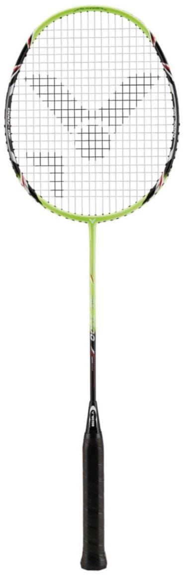 The Victor G-7000 Badminton Racket - Black / Green by Victor showcases a black grip with a vibrant neon green full carbon frame. Enhanced with red and black accents, it's elegantly strung with Ashaway Rally 21 Fire strings in an eye-catching pattern. Posed vertically on a white background, this racket is ideal for beginners who desire both style and performance.