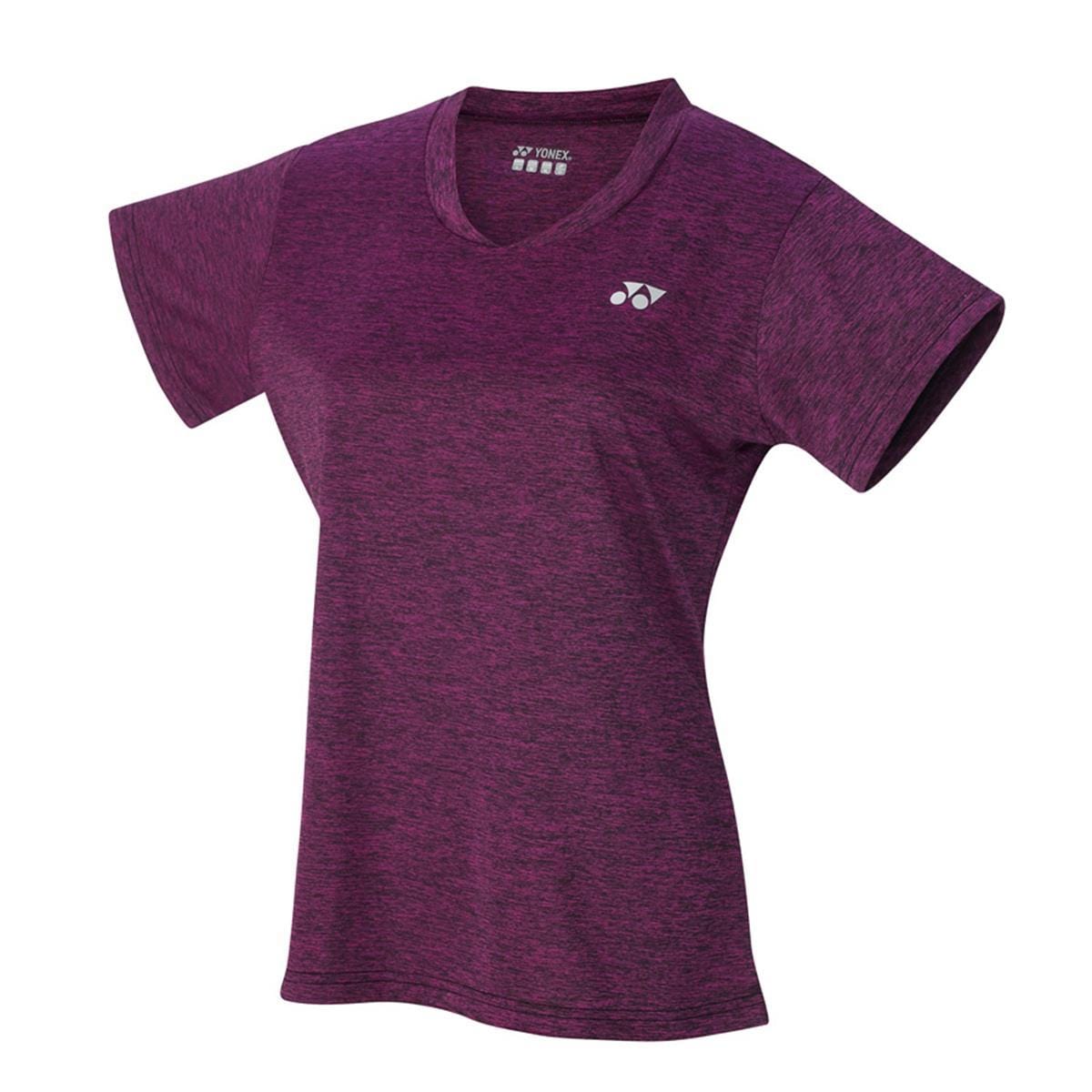 The Yonex YTL2 Pink Women's Badminton T-Shirt, ideal for sport and fitness training, showcases a V-neck design with short sleeves. The fabric has a heathered pattern, enhanced by a small logo on the chest.