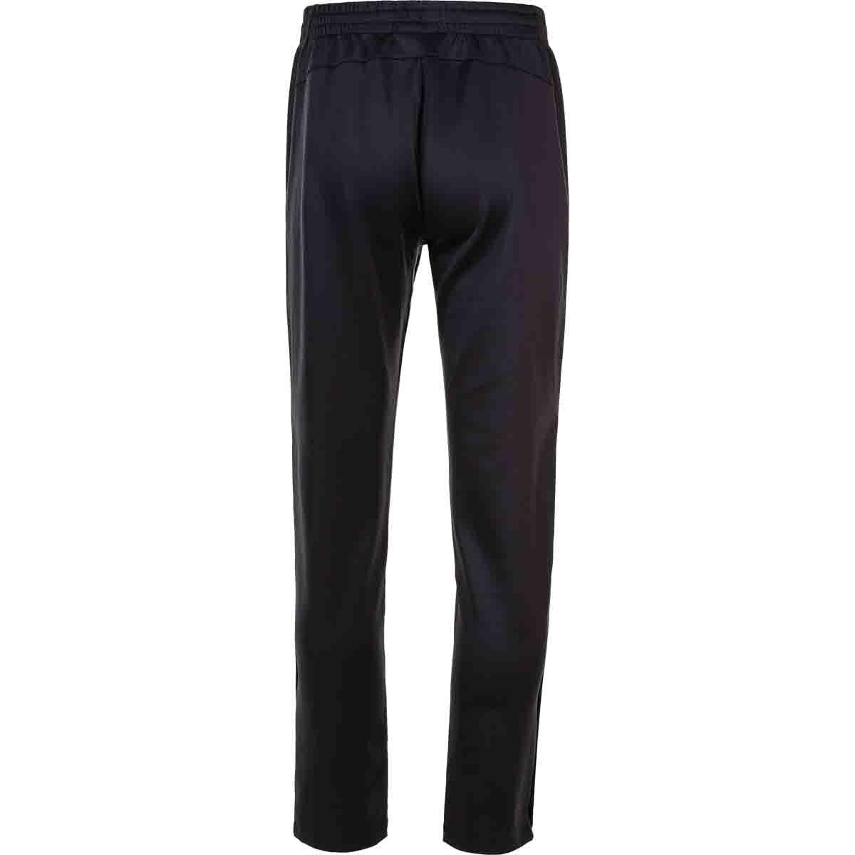 The FZ Forza Plymount Women's Badminton Pants, photographed from the back, highlight their quick-drying feature and elastic waistband. Featuring tapered legs and a smooth, lightweight fabric, these black pants by FZ Forza are ideal for comfortable badminton attire.