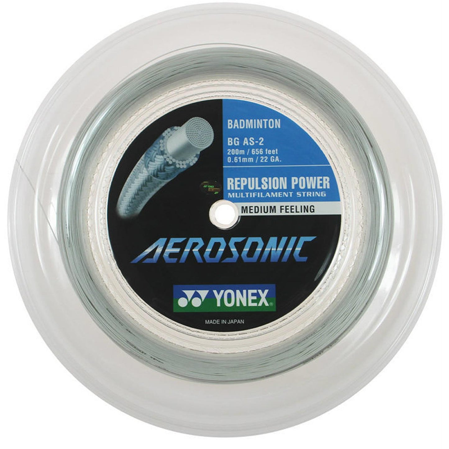 The Yonex Aerosonic Badminton String White - 0.61mm 200m Reel is a high-quality offering from Yonex, featuring 200 meters (656 feet) of multifilament string designed with a 0.61mm (22 gauge) thickness. Engineered for excellent repulsion power, this medium feeling string is meticulously crafted in Japan.