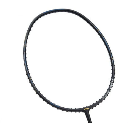 Close-up of a Li-Ning Windstorm 79H badminton racket frame by Li-Ning, highlighting its sleek black design and ultralight construction against a white background.