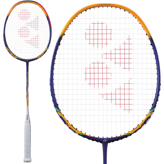 Two views of a Yonex Nanoray 9 badminton racket in royal blue are shown. The strings create a pattern of red triangular shapes, and the handle is wrapped in white grip tape. Ideal for beginners, it offers head light balance for easy maneuverability.