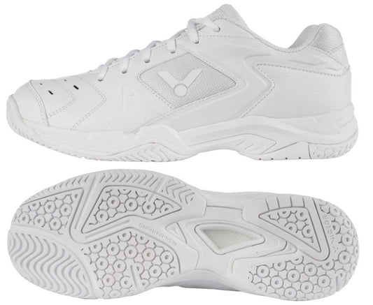 A pair of VICTOR P9200 TD C Mens Badminton Shoes - White, offering a textured sole for enhanced grip and a mesh upper for optimal breathability. The design features subtle Victor branding on the side and heel, inspired by the renowned P9200 series.