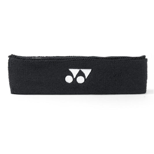 The Yonex AC258 Headband in black is ideal for on-court action, showcasing a white logo of two overlapping circles with a triangle above, prominently displayed at the center front. It is crafted for maximum comfort and effectively absorbs sweat to help you stay focused during intense matches.