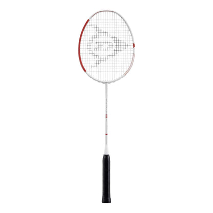 The Dunlop Aero Star Lite Badminton Racket in white, crafted by Dunlop, showcases a sleek design with red and black accents and a black grip made from Japanese carbon, providing a head-light flexible structure for improved performance.