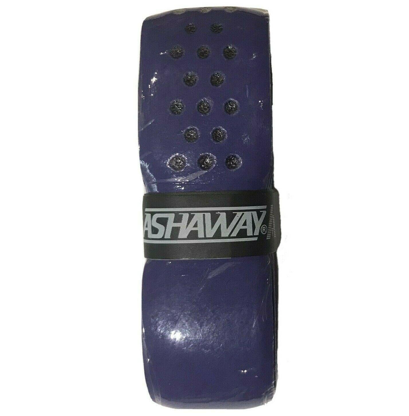 A single Ashaway Soft Grip Badminton Grip in purple, branded with "ASHAWAY" on a black band, offers enhanced comfort with its neatly aligned small perforated holes along the center.