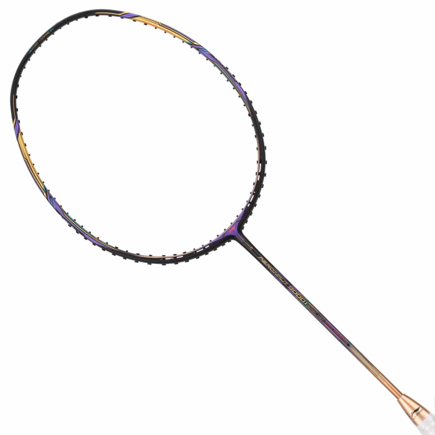 The Li-Ning Aeronaut 9000 Instinct Badminton Racket, designed by Li-Ning, boasts a black frame highlighted with multicolored accents on both its shaft and head. Its Dynamic-Optimum Frame is engineered to boost performance, elegantly displayed diagonally against a white background for a modern look.