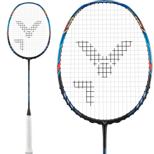 The Victor Thruster F Badminton Racket - Black Blue by Victor showcases a sophisticated black frame highlighted with blue, red, and yellow accents made from Pyrofil Carbon Fibre. The strings are patterned with a central logo that demonstrates its smart weight distribution. The handle features white grip tape set against a white background.