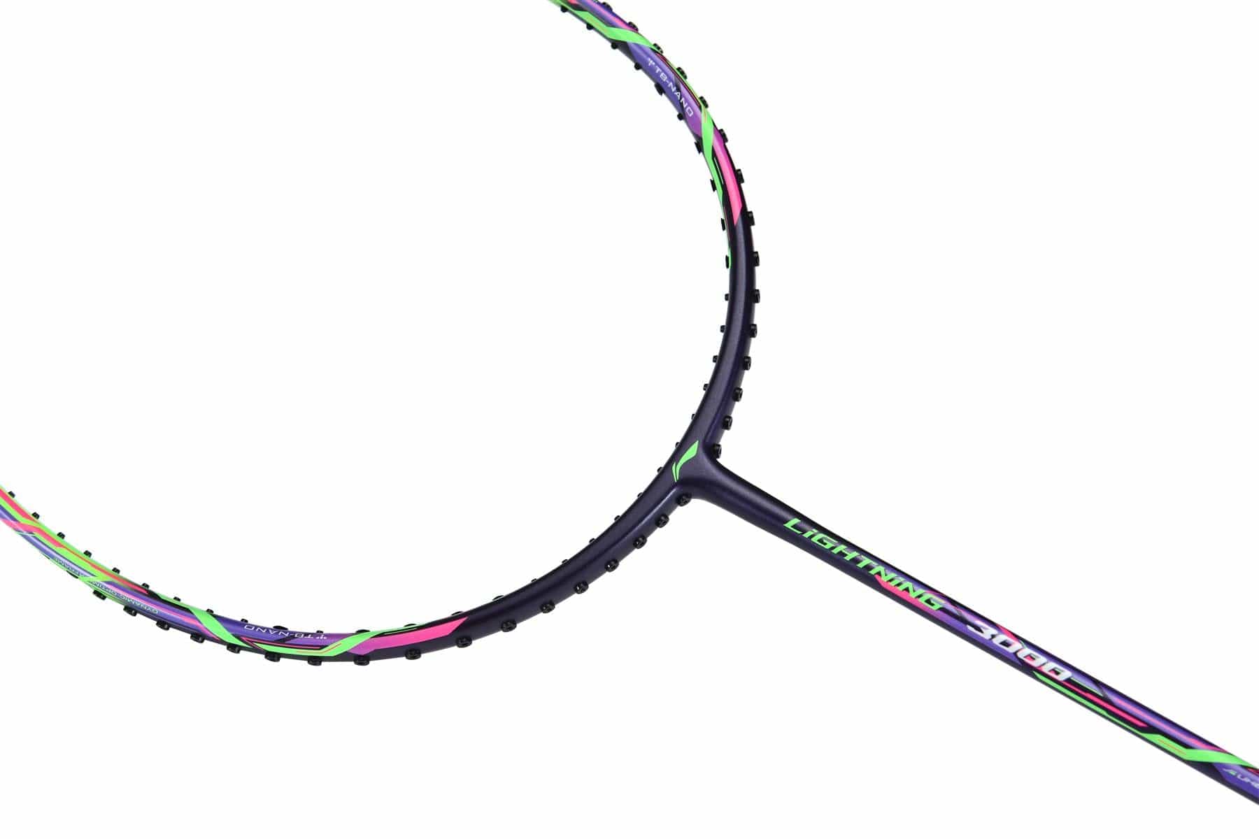 Close-up of a badminton racket from Li-Ning, showcasing a colorful frame with vibrant green and purple accents. The flexible shaft prominently features "Lightning 3000" against a simple background, engineered for optimal tension to elevate your performance.